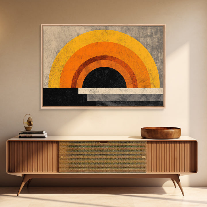 Orange Sun Rainbow Horizon Framed Canvas Print, Midcentury Sun Wall Art, Retro 70s Poster, Warm Modern Boho Living Room Home Decor