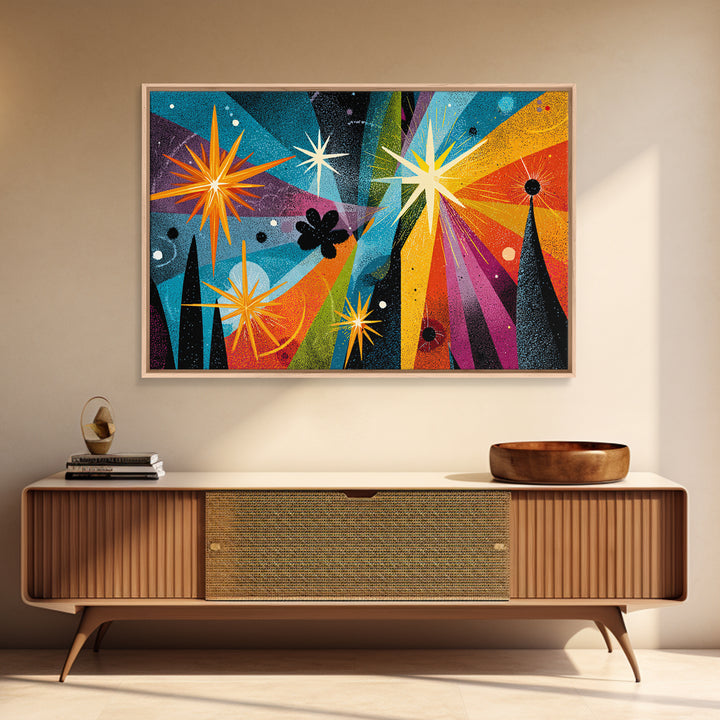Colorful Atomic Starburst Night Wall Art, Midcentury Modern Art Print, Retro Space Abstract, Funky MCM Living Room Wall Decor