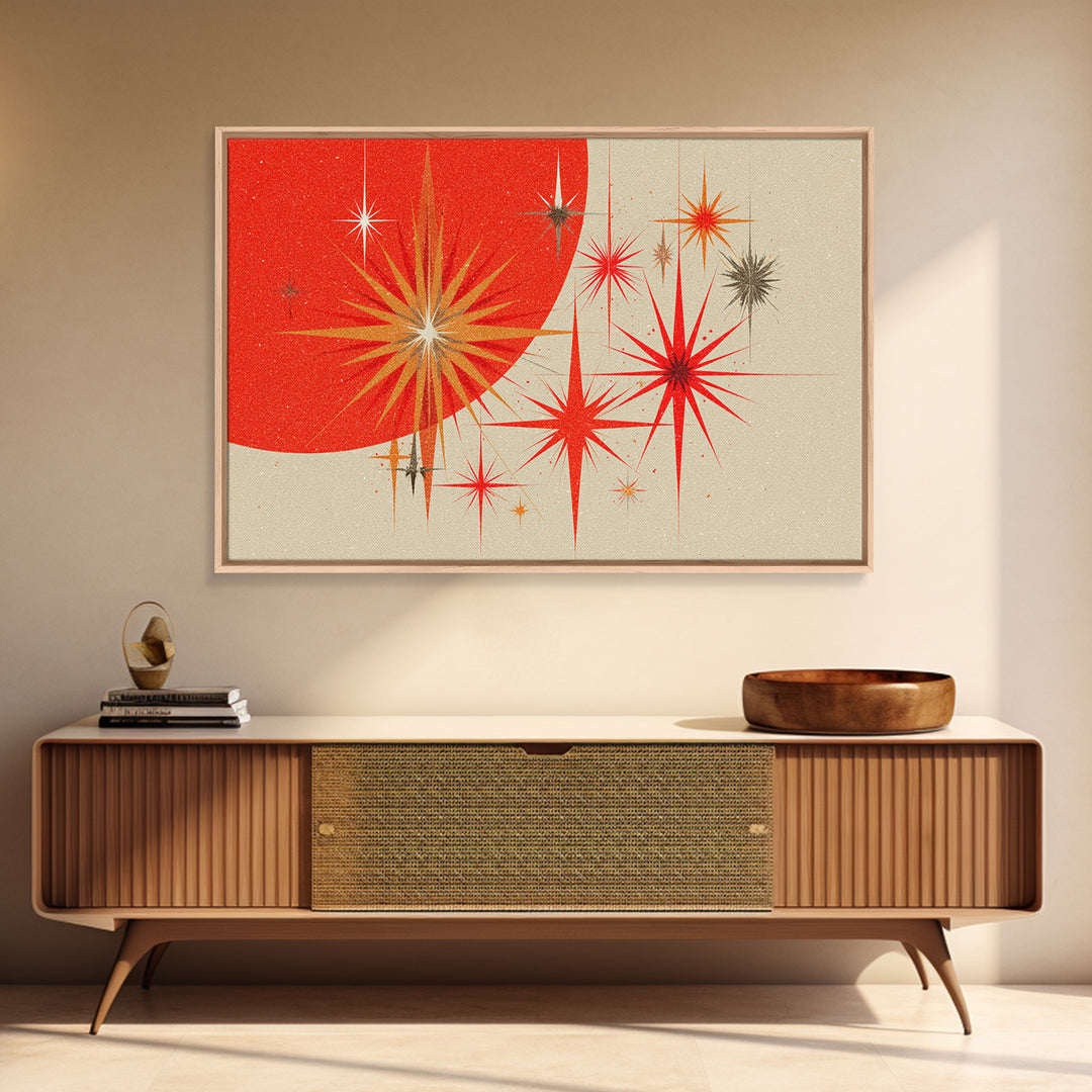 Red Orange Starbursts And Circle Wall Art, Midcentury Modern Abstract Art Print, Atomic Retro Poster, Minimal Home Decor