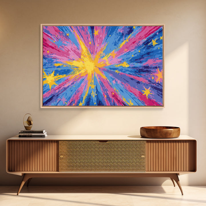 Pink Blue Yellow Star Explosion Canvas Print, Colorful Modern Wall Art, Retro Abstract Poster, Bright Kids Room Nursery Decor