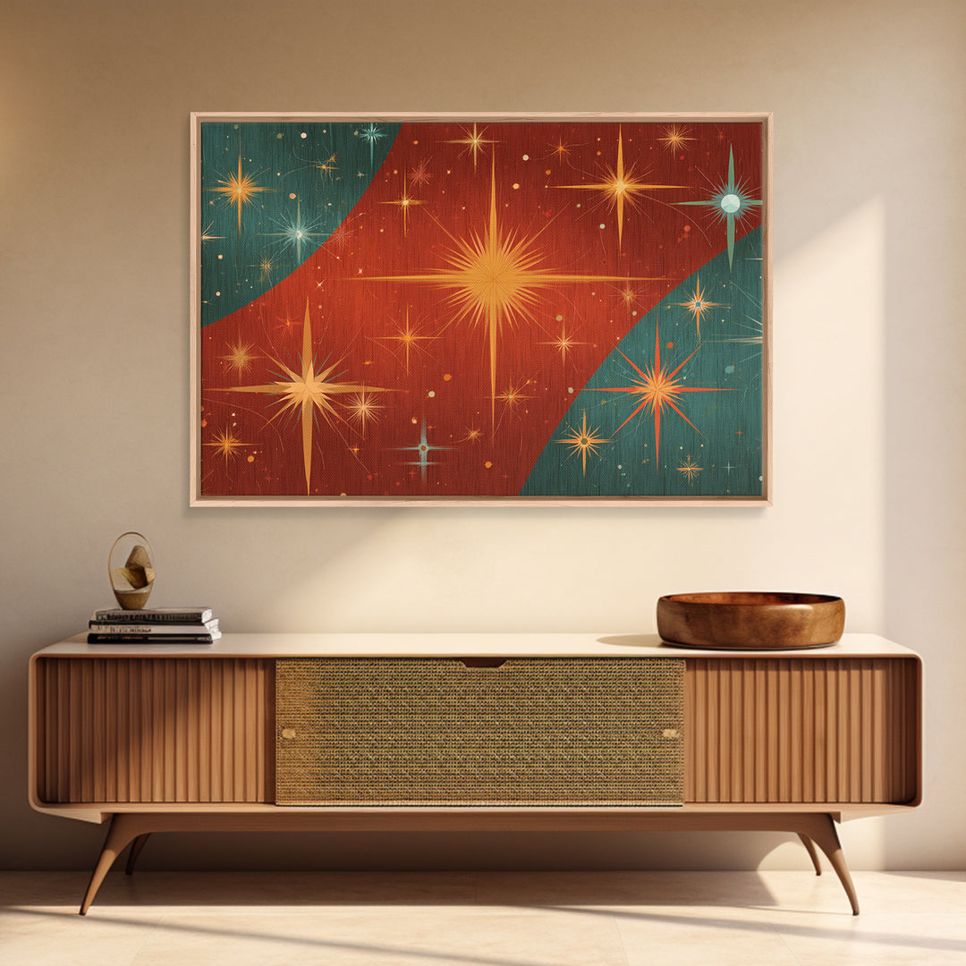 Red Teal Atomic Starburst Wall Art, Midcentury Modern Art Print, Retro Space Abstract, Warm MCM Living Room Statement Home Decor