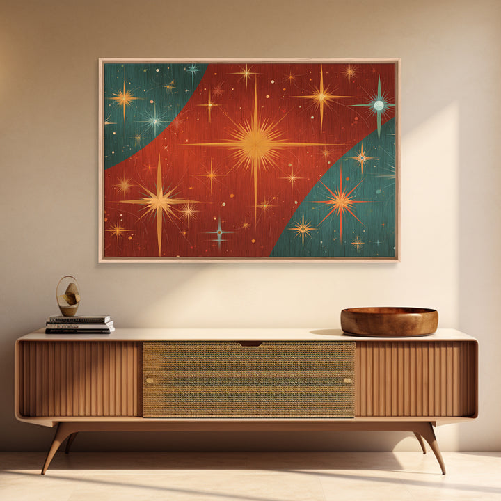 Red Teal Atomic Starburst Wall Art, Midcentury Modern Art Print, Retro Space Abstract, Warm MCM Living Room Statement Home Decor