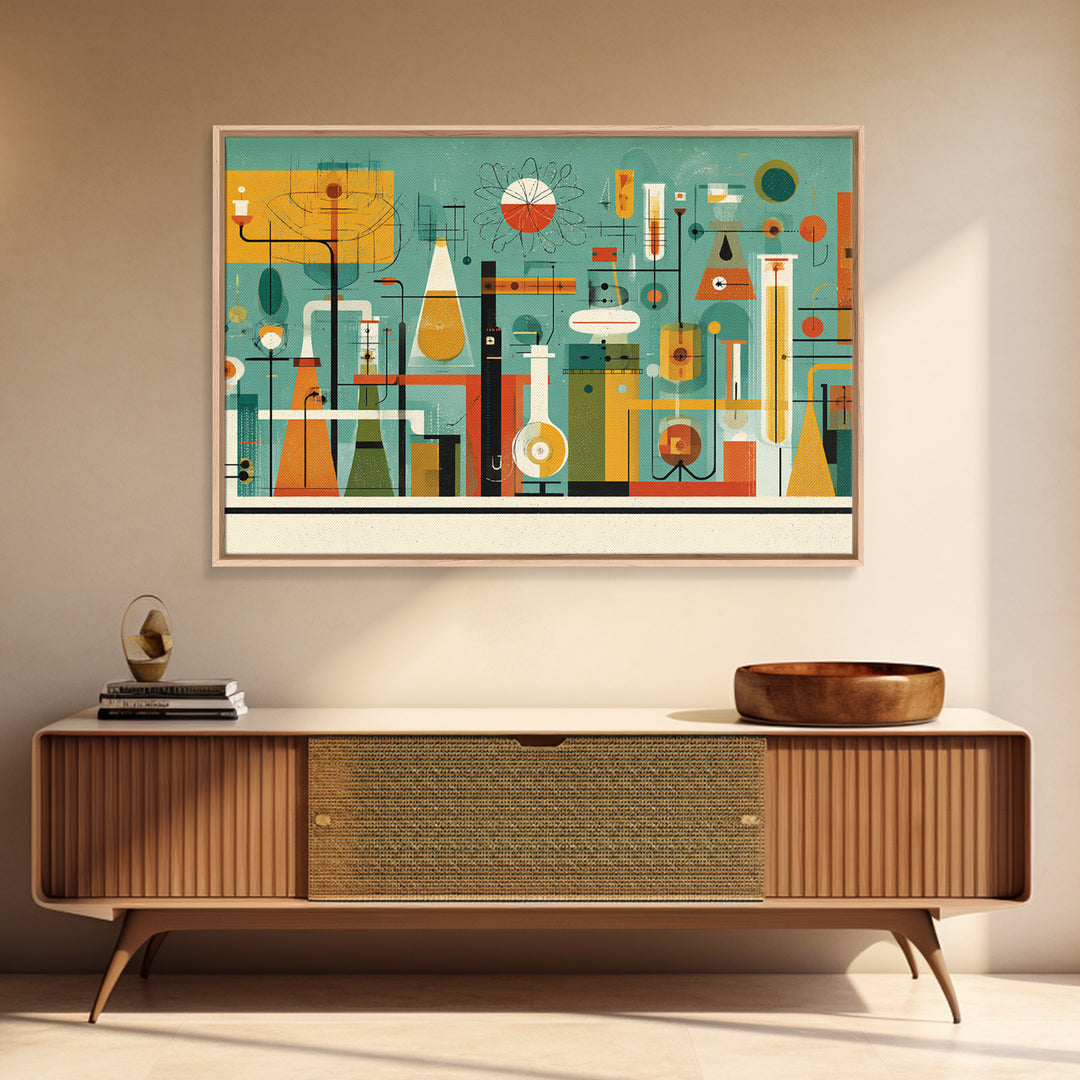 Retro Chemistry Lab With Beakers Wall Art, Midcentury Modern Science Print, Atomic Decor, Teal Orange Laboratory Artwork
