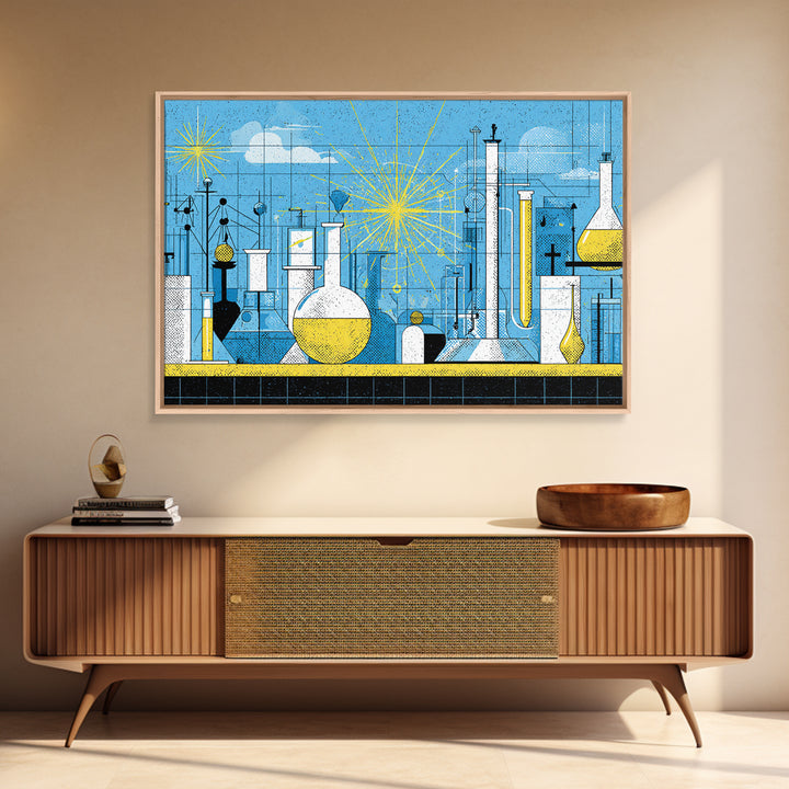 Blue Atomic Science Lab Canvas Print, Midcentury Modern Art, Yellow Sunburst Chemistry Decor, Retro Laboratory Wall Decor