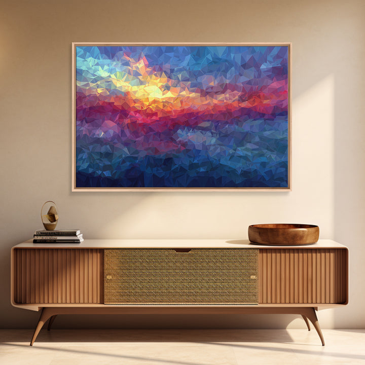 Low Poly Sunset Mountain Lake Wall Art, Colorful Geometric Art Print, Modern Home Decor, Living Room Framed Canvas Print