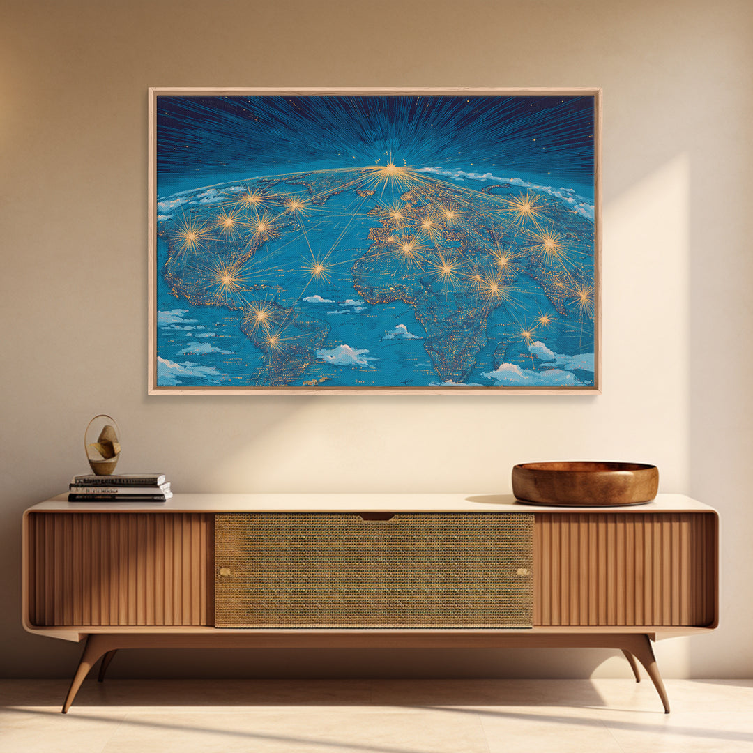 Earth From Space Network Lights Framed Canvas Print, Modern Wall Art, Midcentury Futuristic Travel Poster For Office Decor