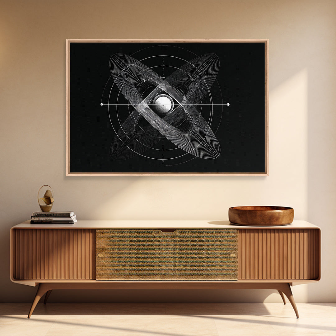 Atomic Sphere Orbit Canvas Print, Black And White Space Art, Geometric Wall Art, Modern Abstract Poster, Science Office Decor