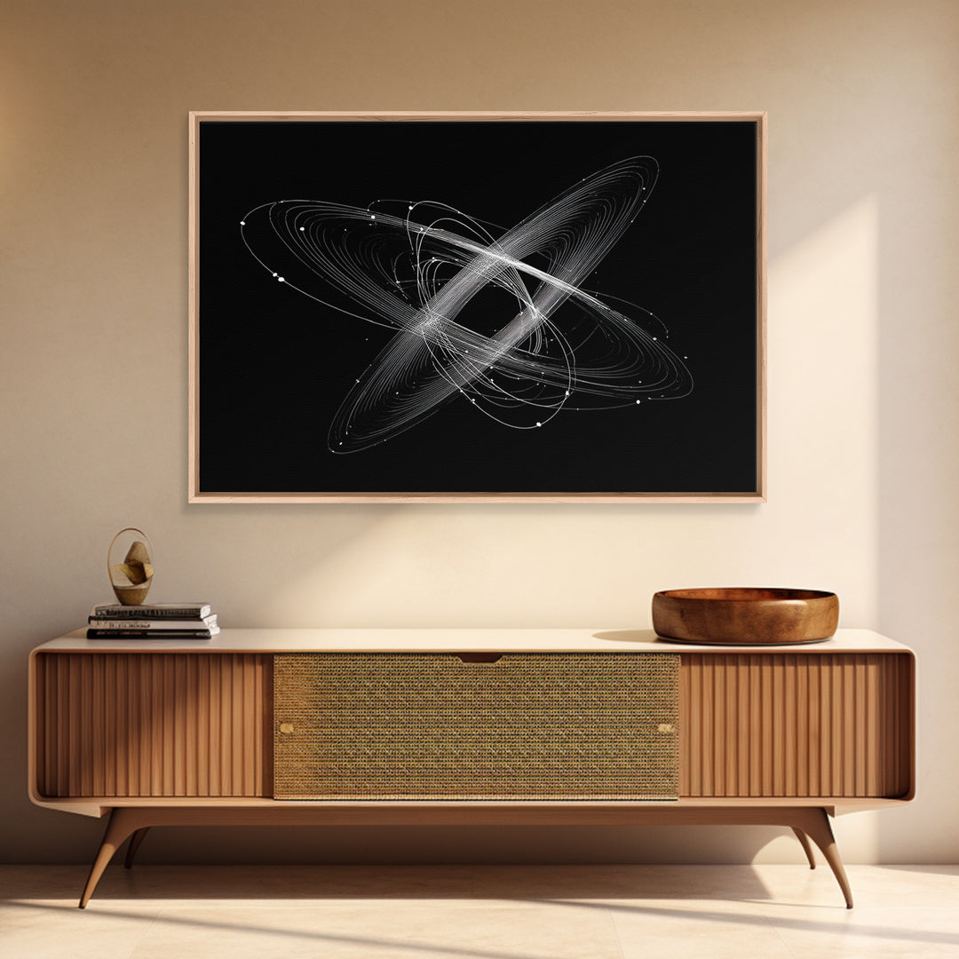 Tilted White Orbital Atom Wall Art, Minimalist Space Abstract Art Print, Modern Geometric Poster, Black Sci Fi Office Decor