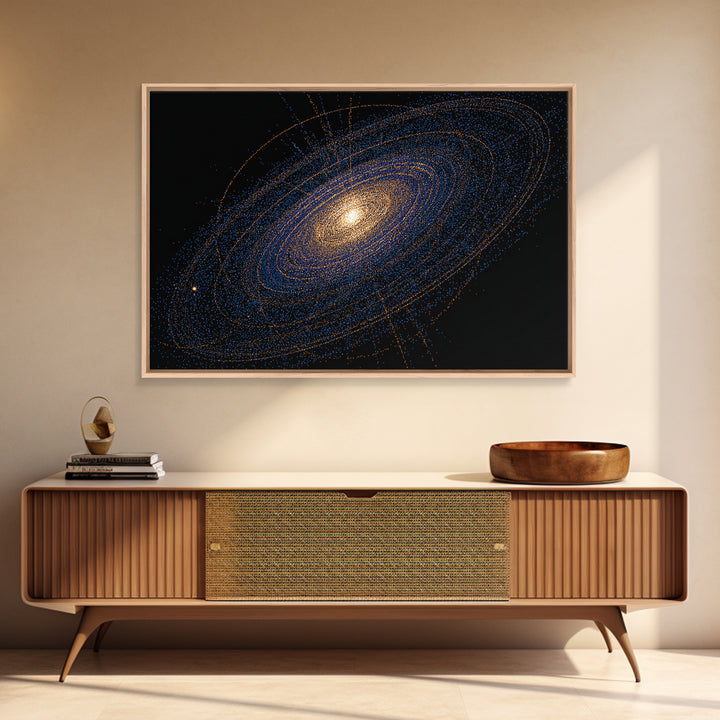Blue Orange Spiral Galaxy Framed Canvas Print, Cosmic Space Abstract Art, Modern Wall Art, Digital Science Poster, Office Decor