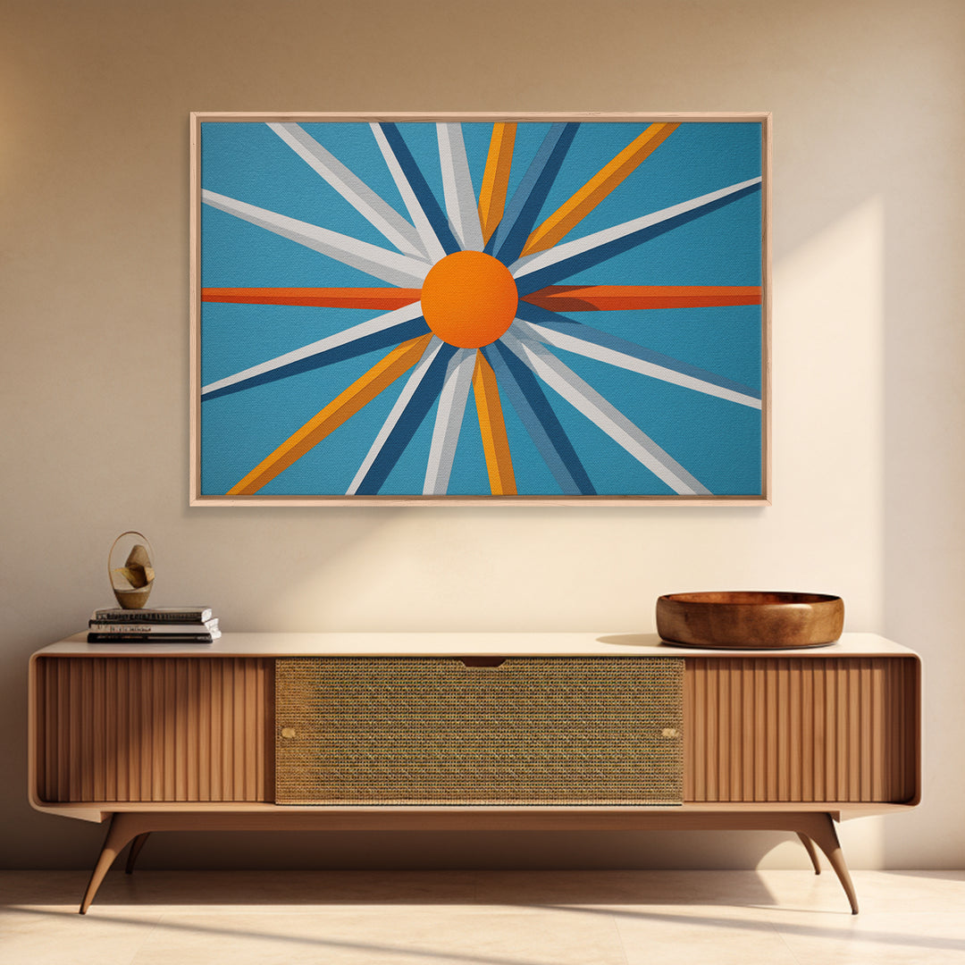 Orange Sunburst Geometric Wall Art, Midcentury Modern Art Print, Blue Teal Atomic Poster, Retro Modern Living Room Decor