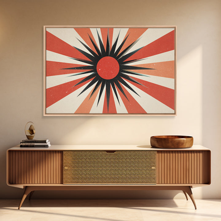 Red Black Retro Sunburst Wall Art, Midcentury Atomic Art Print, Orange Cream Geometric Poster, 60s Modern Living Room Wall Decor