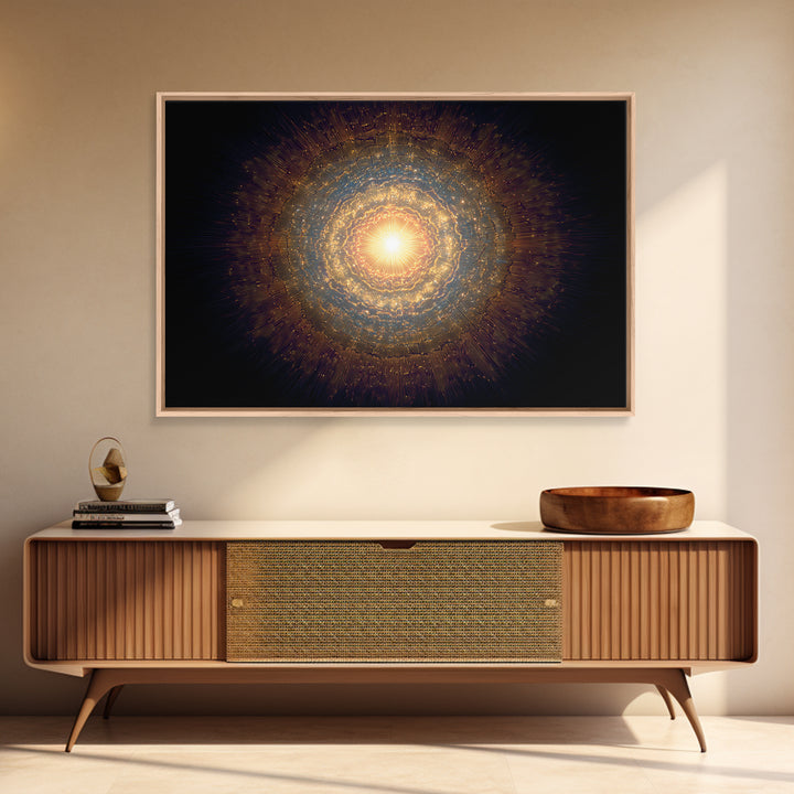 Golden Cosmic Mandala Framed Canvas Print, Abstract Spiritual Art, Modern Wall Art, Radiant Space Poster, Meditation Decor