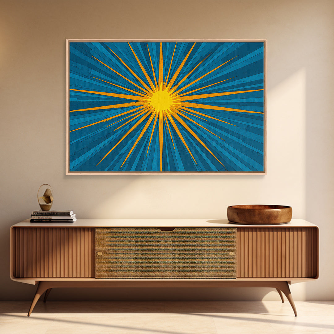 Blue Yellow Pop Art Sunburst Wall Art, Midcentury Modern Decor, Retro Geometric Print, Atomic MCM Living Room Decor Gift