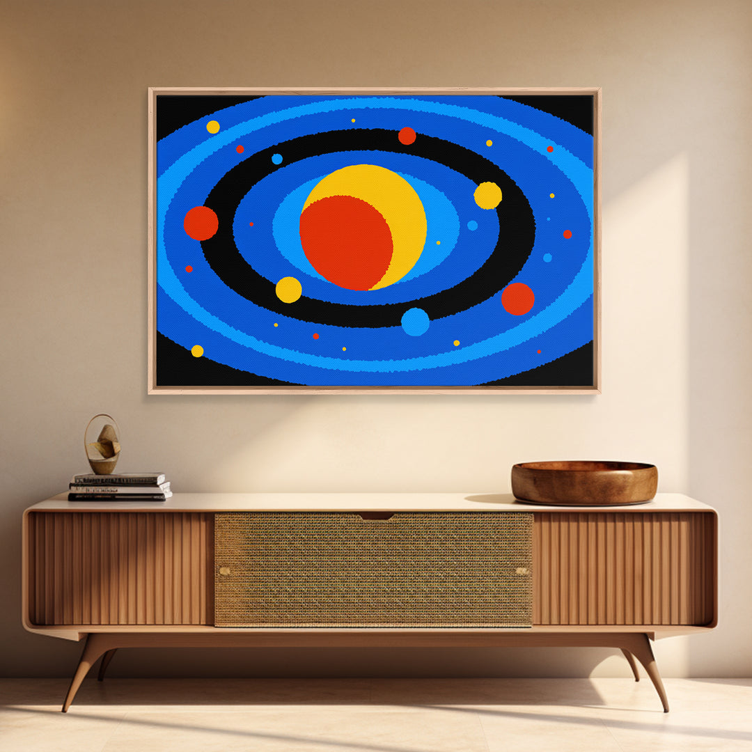 Blue Solar System Planets Wall Art, Midcentury Modern Art Print, Retro Space Poster, Colorful Kids Room Galaxy Decor Gift