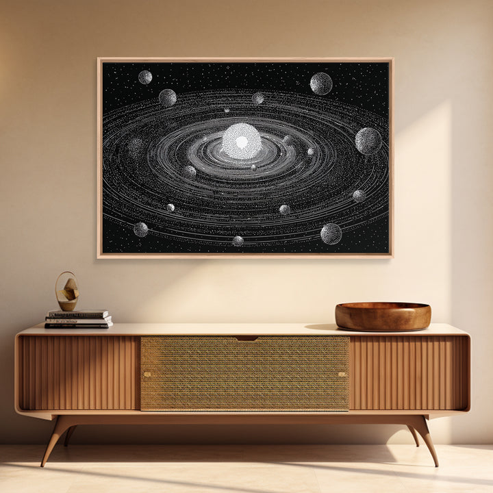 Black White Solar System Framed Canvas Print, Retro Sci Fi Wall Art, Midcentury Space Poster, Astronomy Office Decor Gift