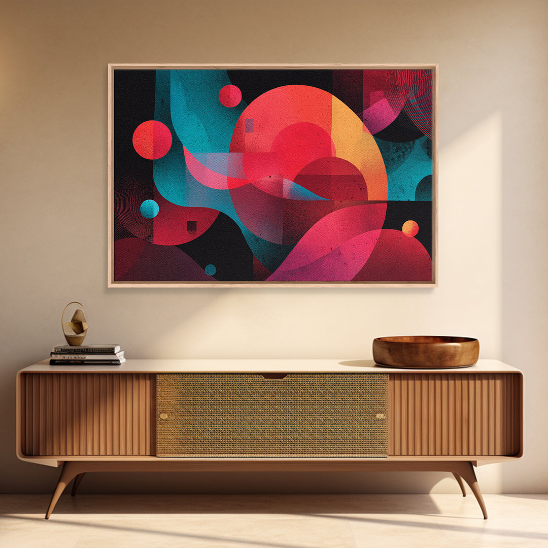 Red Teal Abstract Circles Wall Art, Midcentury Modern Abstract Art, Geometric Canvas Print, Bold MCM Living Room Decor Gift
