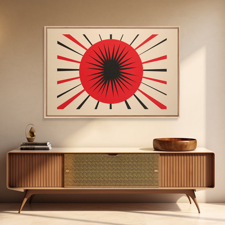Red Black Atomic Sun Wall Art, Midcentury Modern Decor, Retro Geometric Print, Starburst MCM Office Decor Canvas Print Gift