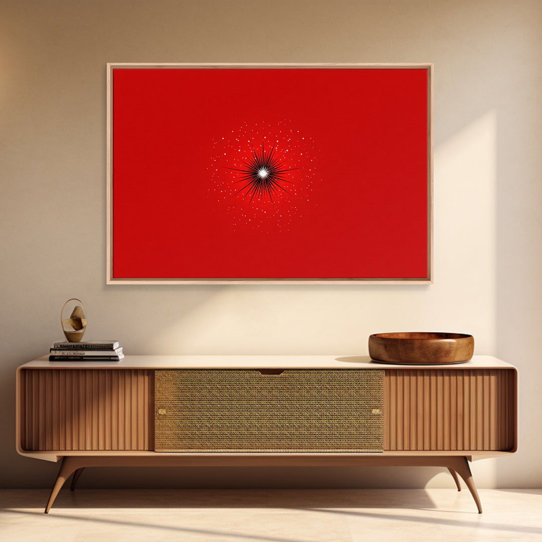 Minimal Red Starburst Wall Art, Modern Abstract Art Print, Retro Space Poster, Black White Spark Decor, Bold MCM Home Decor Gift