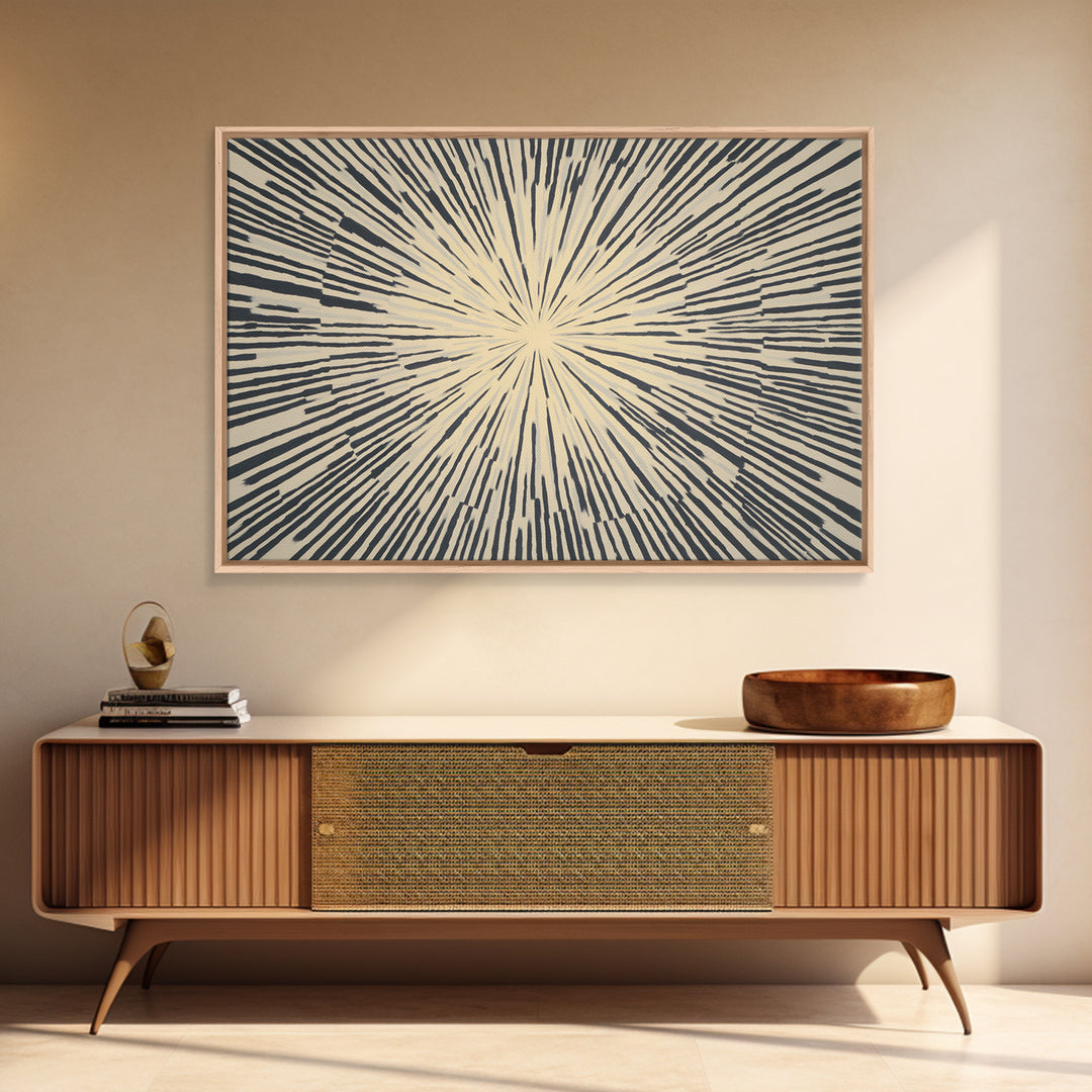 Cream Black Radial Burst Canvas Print, Midcentury Modern Wall Art, Retro Geometric Poster, Neutral MCM Home Office Decor