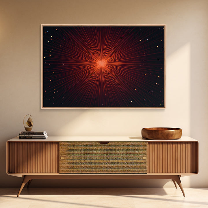 Radiant Red Starburst Light Rays In Black Space Canvas Print, Retro Futuristic Wall Decor, Modern Abstract Art For Living Room