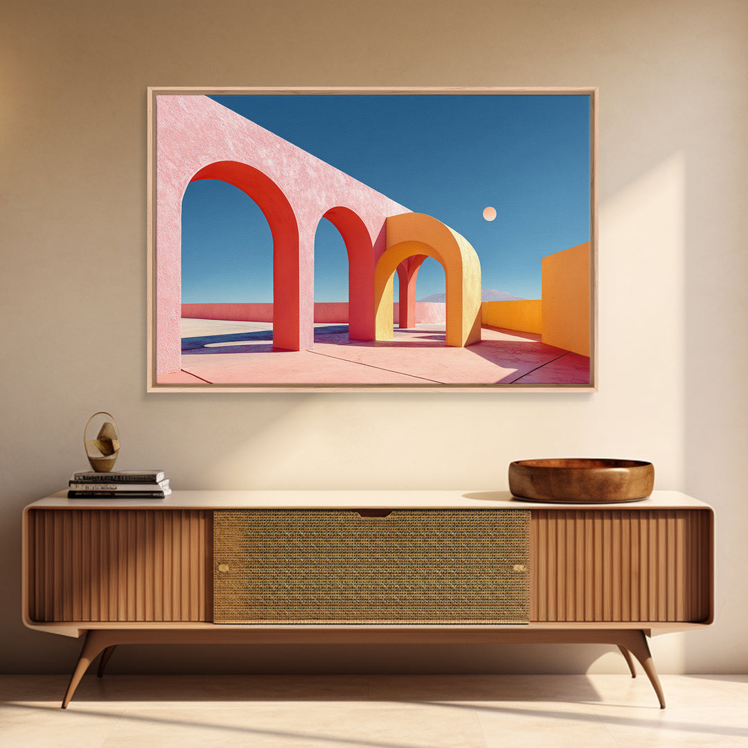 Pink Desert Arches With Orange Moon Framed Canvas Print, Midcentury Modern Wall Art, Architectural Decor For Living Room