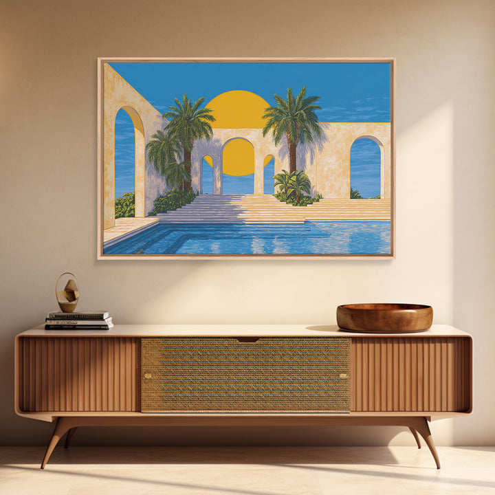 Tropical Palm Pool With Sunlit Arches Canvas Print, Palm Springs Wall Art, Midcentury Modern Decor For Beach House Patio