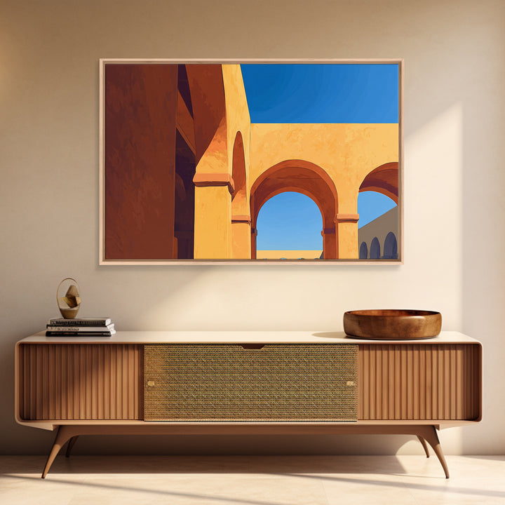 Golden Arches And Blue Sky Shadows Wall Art, Mediterranean Architectural Print, Modern Home Decor For Entryway And Office