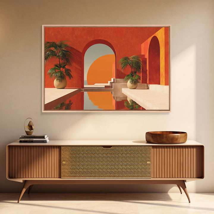 Terracotta Courtyard With Palms And Reflecting Pool Canvas Print, Modern Wall Art, Southwestern Decor For Living Room And Entry