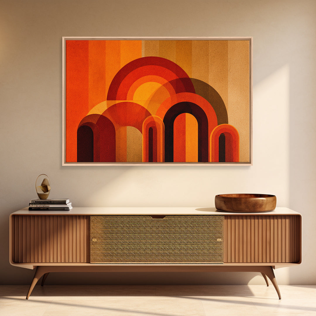 Retro Orange Abstract Arches And Circles Wall Art, Midcentury Modern Geometric Print, Bold 70s Decor For Living Room And Office