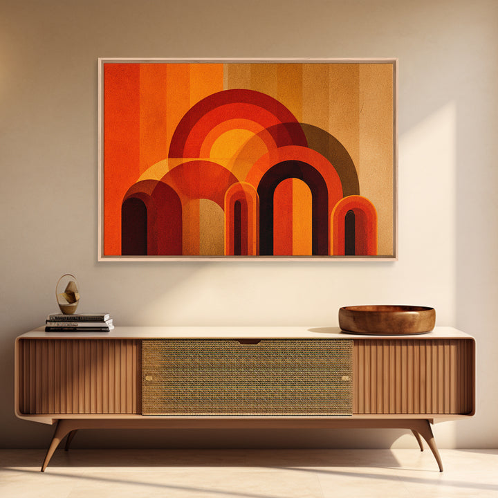 Retro Orange Abstract Arches And Circles Wall Art, Midcentury Modern Geometric Print, Bold 70s Decor For Living Room And Office
