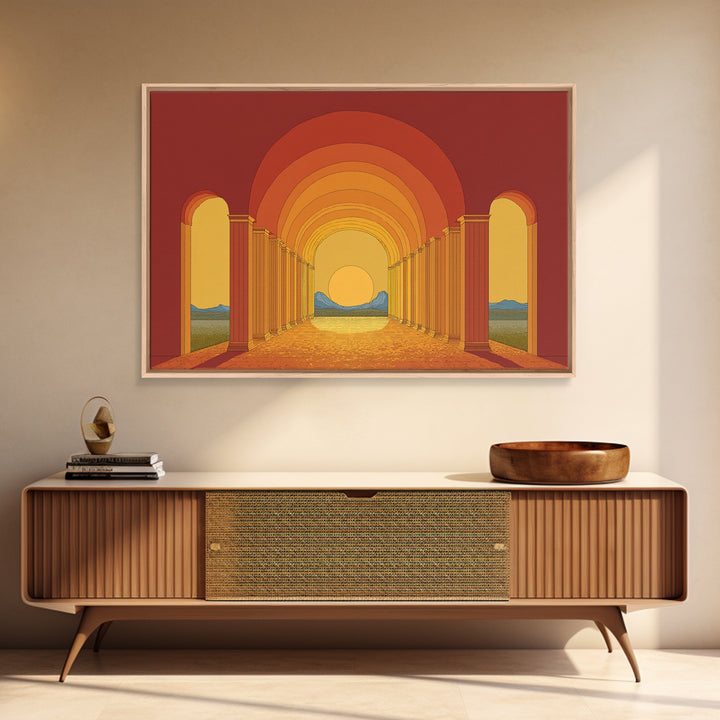 Sunset Arcade Colonnade In Orange Desert Wall Art, Midcentury Modern Architectural Print, Retro Home Decor For Hallway And Entryway