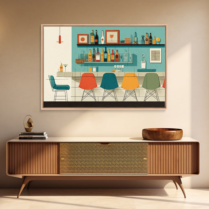 Minimal Cocktail Lounge With Color Chairs Wall Art, Midcentury Modern Art Print, Retro Bar Poster, MCM Kitchen Decor, Cafe Wall Art