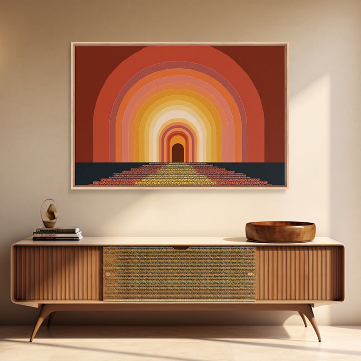 Rainbow Tunnel Arches With Stairway To Light Framed Canvas Print, Retro Wall Art, 70s Geometric Decor For Living Room And Office