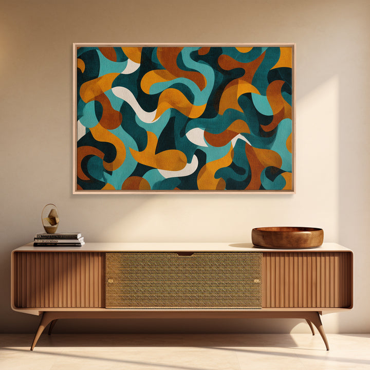 Teal Mustard Rust Organic Shapes Canvas Print, Midcentury Modern Abstract Art, Retro Wall Decor, Funky Living Room Poster