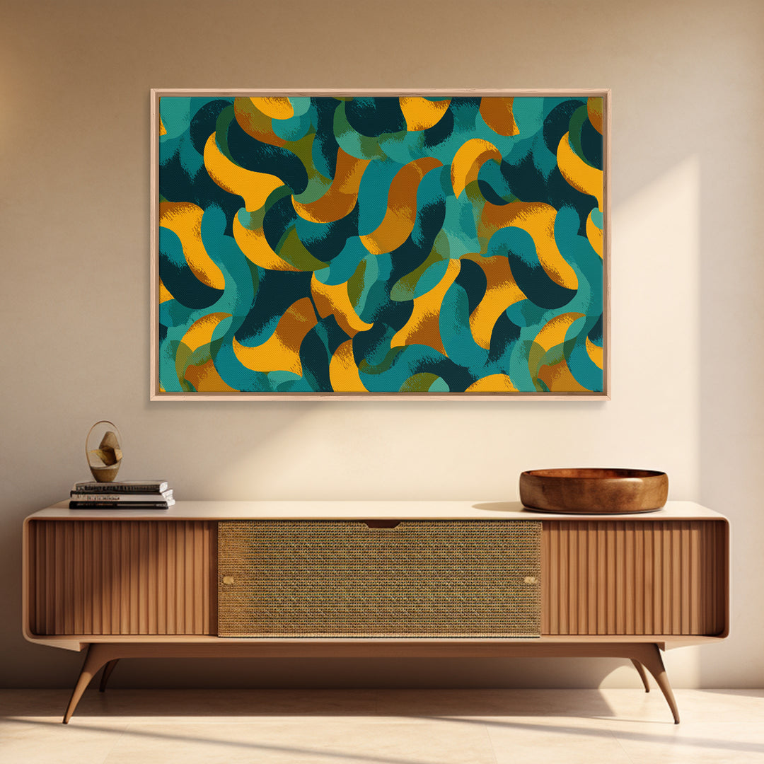 Teal Gold Navy Brushstroke Canvas Print, Midcentury Abstract Art, Modern Retro Wall Decor, Colorful MCM Home Office Poster