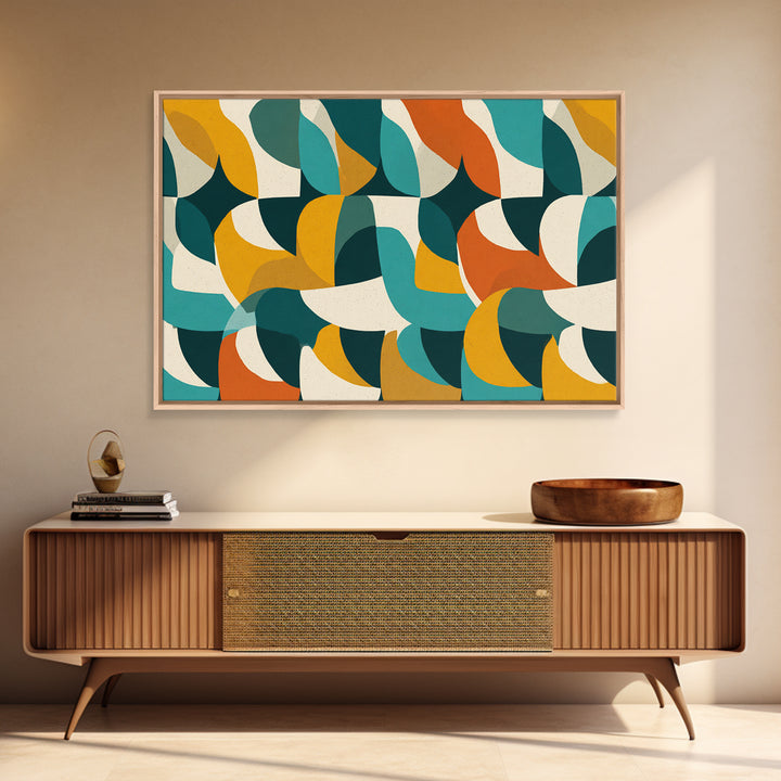 Cream Teal Orange Curved Geometry Wall Art, Midcentury Modern Print, Retro Abstract Decor, Bauhaus Inspired Living Room Poster