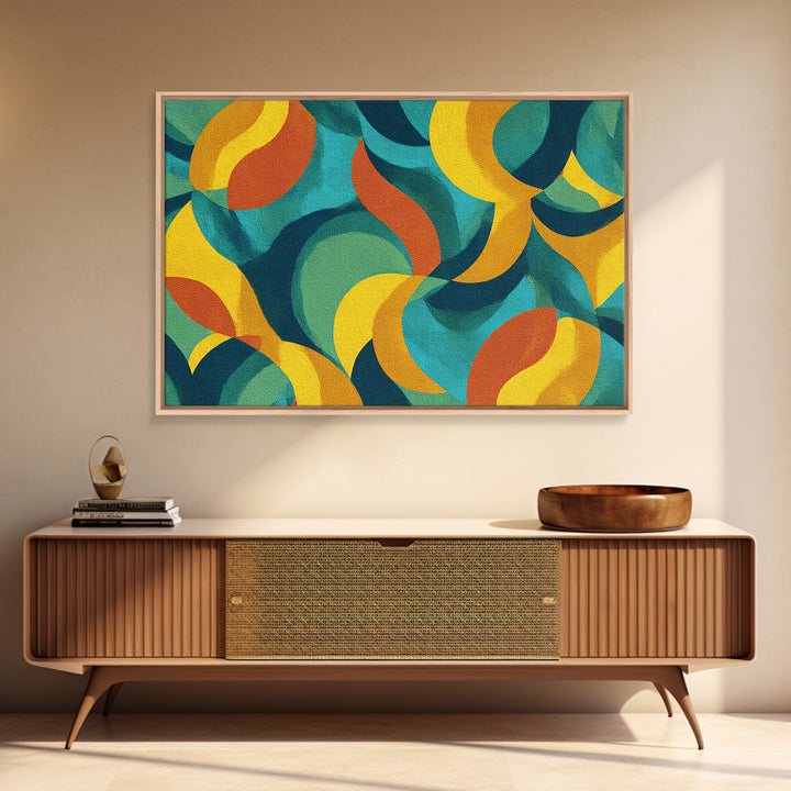 Teal Yellow Rust Crescent Shapes Framed Canvas Print, Midcentury Modern Art, Retro Geometric Wall Decor, Colorful Home Poster