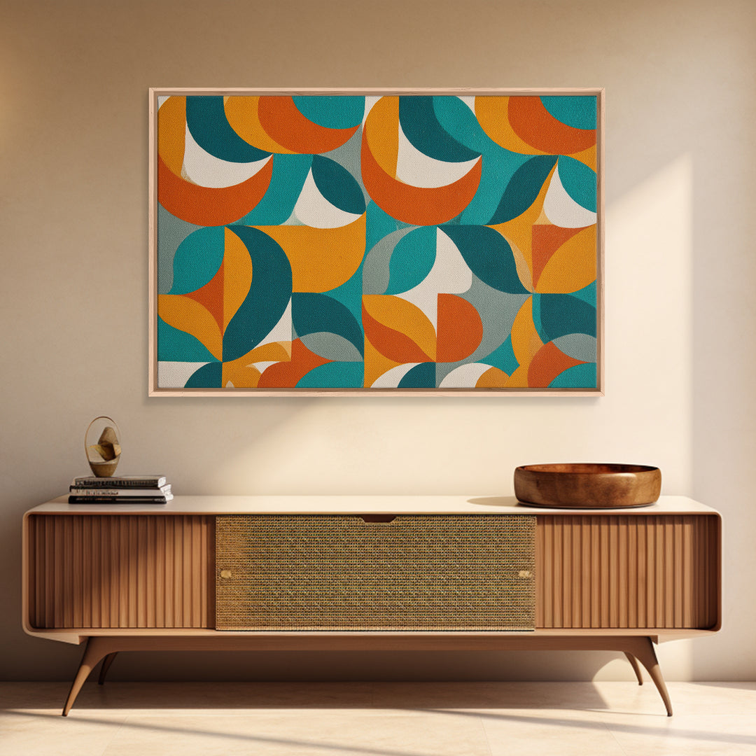 Orange Teal Mustard Circle Tiles Canvas Print, Midcentury Modern Wall Art, Retro MCM Decor, Geometric Abstract Living Room Poster