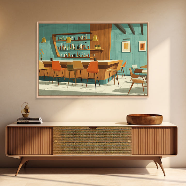 Wood And Teal Modernist Lounge Bar Wall Art, Midcentury Modern Canvas Print, Retro Cocktail Poster, Scandinavian Decor, MCM Decor