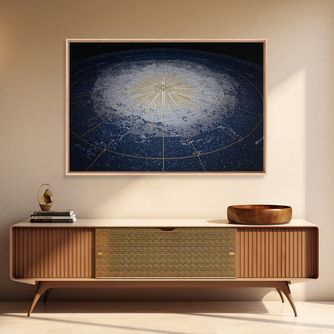 Blue Gold Radiant Star Map Canvas Print, Celestial Compass Wall Art, Modern Cosmic Decor, Astronomy Living Room Poster Gift
