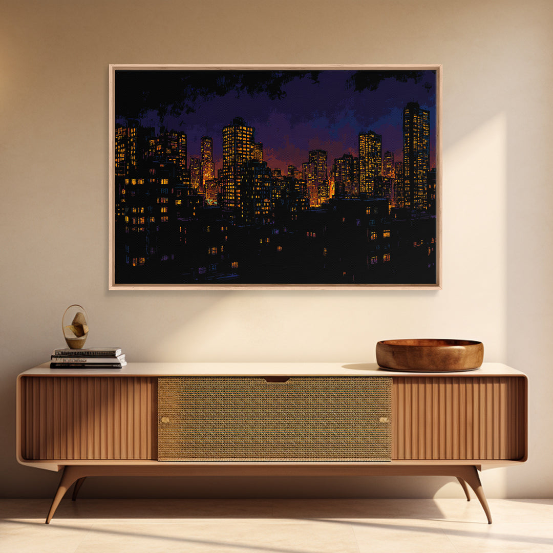 Purple City Skyline At Dusk Canvas Print, Urban Night Poster, Modern Wall Art, Retro Decor, Living Room Decor, Blue Art, Wall Decor