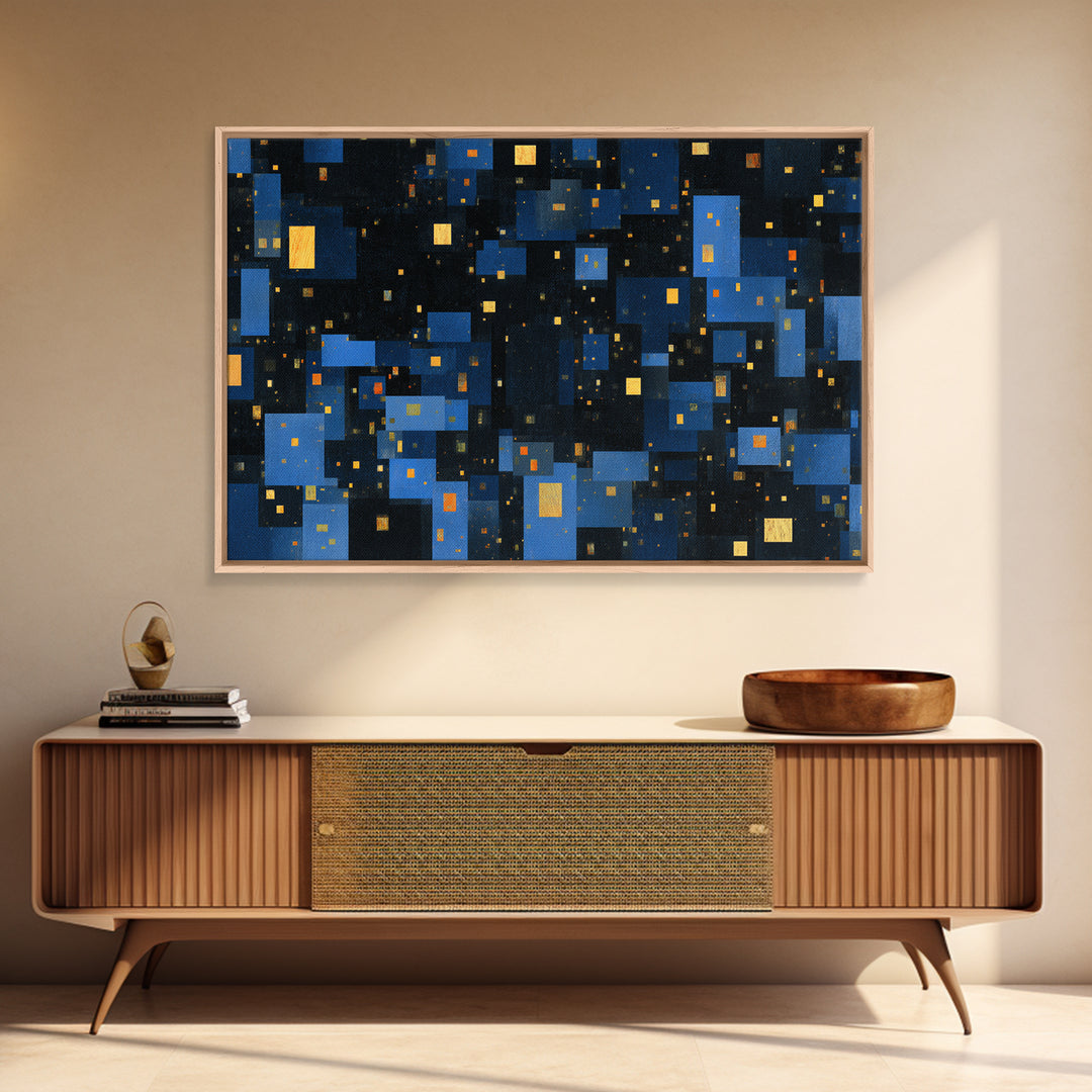 Abstract Blue City Blocks Wall Art, Geometric Night Skyline Print, Modern Abstract Art, MCM Wall Art, Office Decor, Blue Art