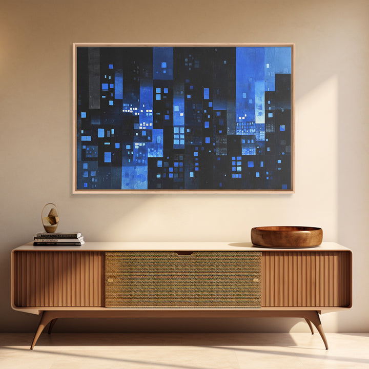 Moody Blue Abstract City Wall Art, Geometric Skyline Canvas Print, Modern Wall Decor, Office Decor, Living Room Art, Blue Art