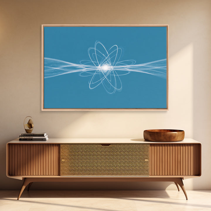 White Atom Energy Lines Canvas Print, Blue Scientific Abstract Art, Modern Wall Decor, Office Decor, Minimalist Art Print