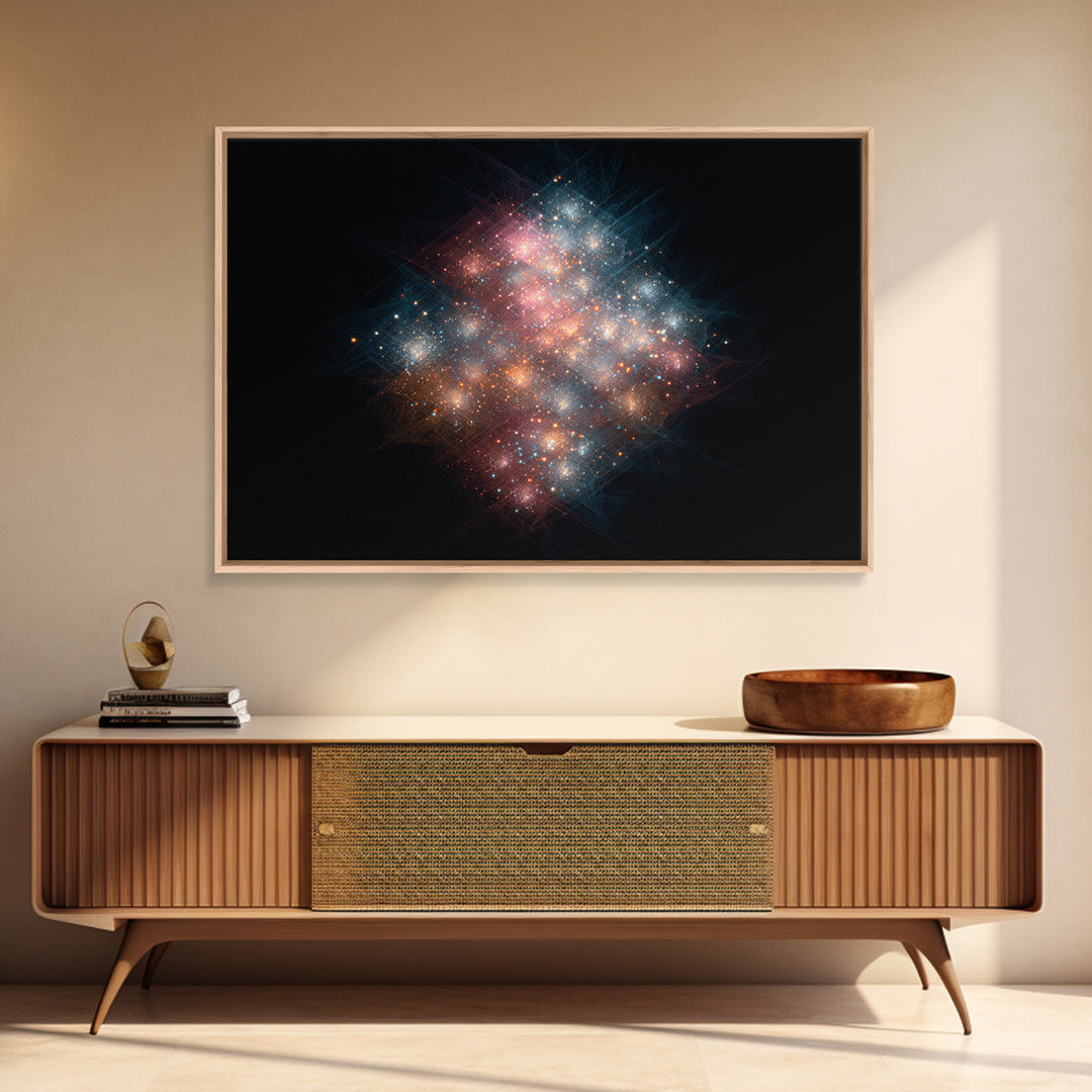 Glowing Cosmic Nebula Particle Cluster Framed Canvas Print, Space Abstract Art, Modern Wall Art, Galaxy Decor, Statement Piece