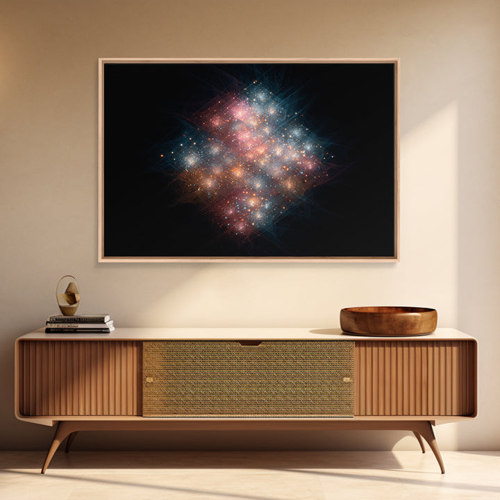 Glowing Cosmic Nebula Particle Cluster Framed Canvas Print, Space Abstract Art, Modern Wall Art, Galaxy Decor, Statement Piece