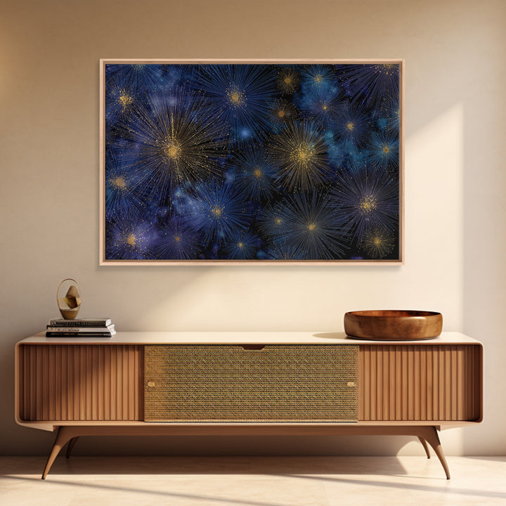 Blue Gold Cosmic Starburst Fireworks Canvas Print, Modern Abstract Art, Space Wall Art, Dark Navy Office Decor, Giclee Print