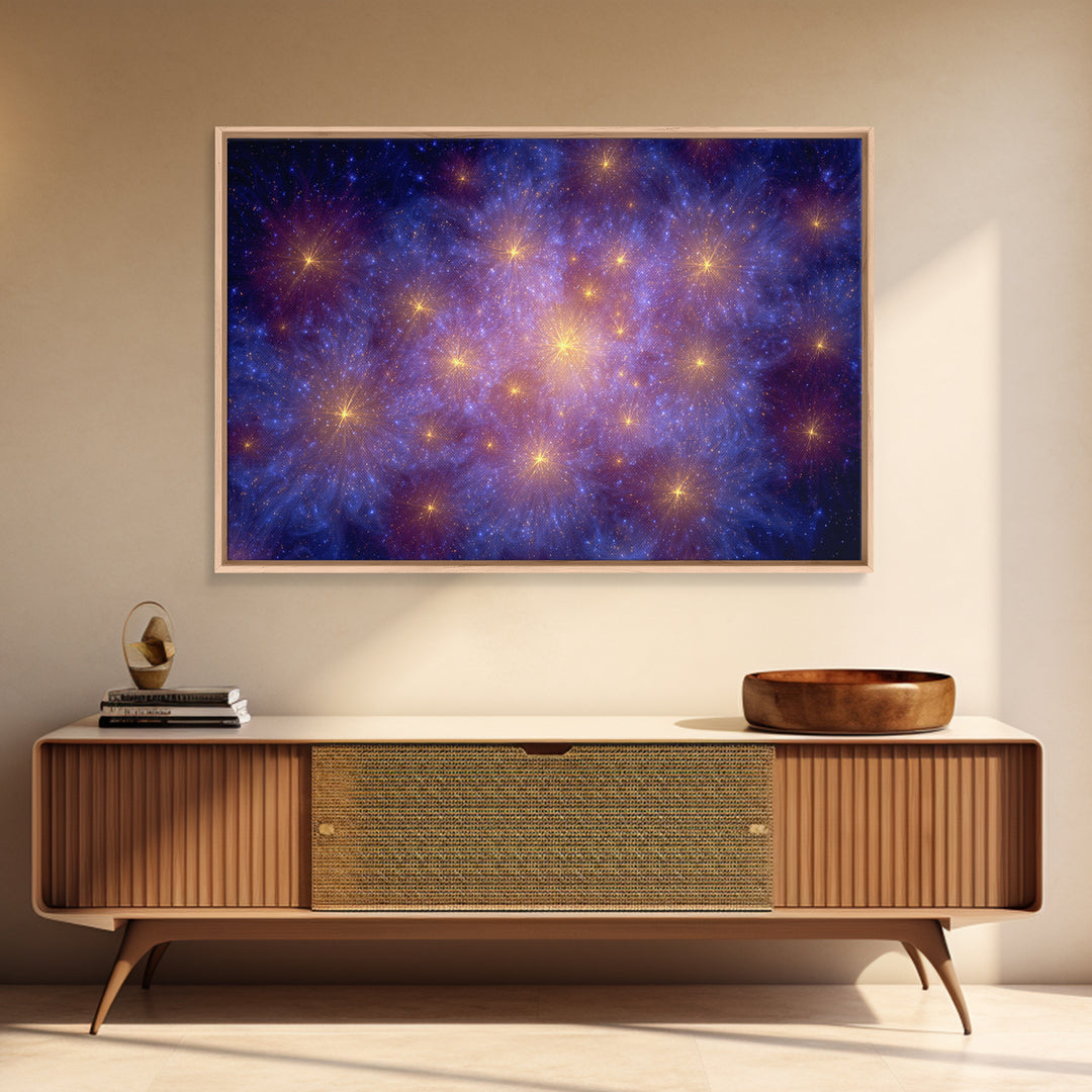 Blue Purple Galaxy Starfield Framed Canvas Print, Cosmic Abstract Wall Art, Modern Home Decor, Bedroom Art, Digital Art, Print