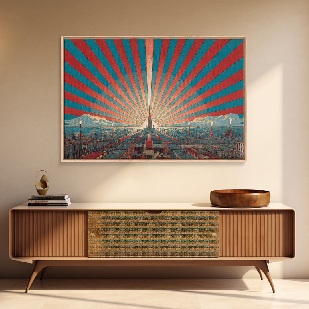 Retro City Skyline Sunburst Wall Art, Art Deco Poster, Midcentury Modern Wall Decor, Teal Red Architectural Print, Living Room Decor