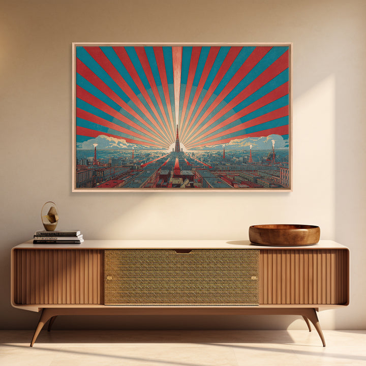 Retro City Skyline Sunburst Wall Art, Art Deco Poster, Midcentury Modern Wall Decor, Teal Red Architectural Print, Living Room Decor